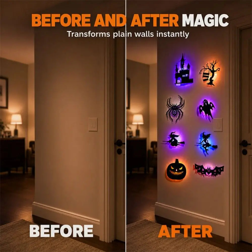 Pared antes y después con las pegatinas de Halloween